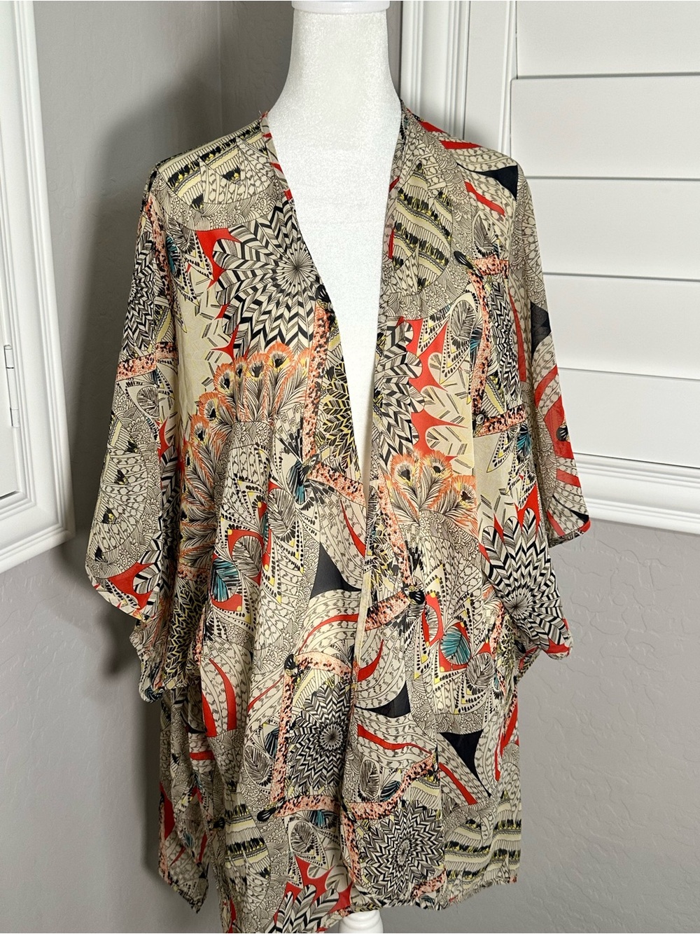 Cato Beige Kimono with Red and Teal Accents